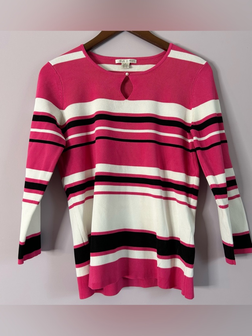 Casual Corner Knit Striped Sweater with Keyhole in Front Size Medium